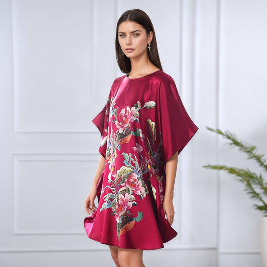 Chemise de nuit ample en soie de mûrier à motifs de pivoines