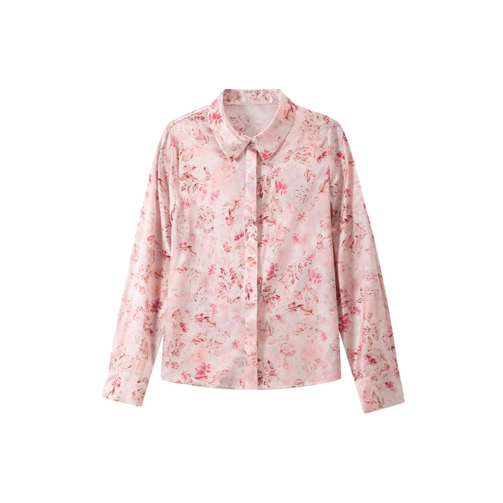Chemisier femme en soie à imprimé floral discret et boutons dissimulés rose