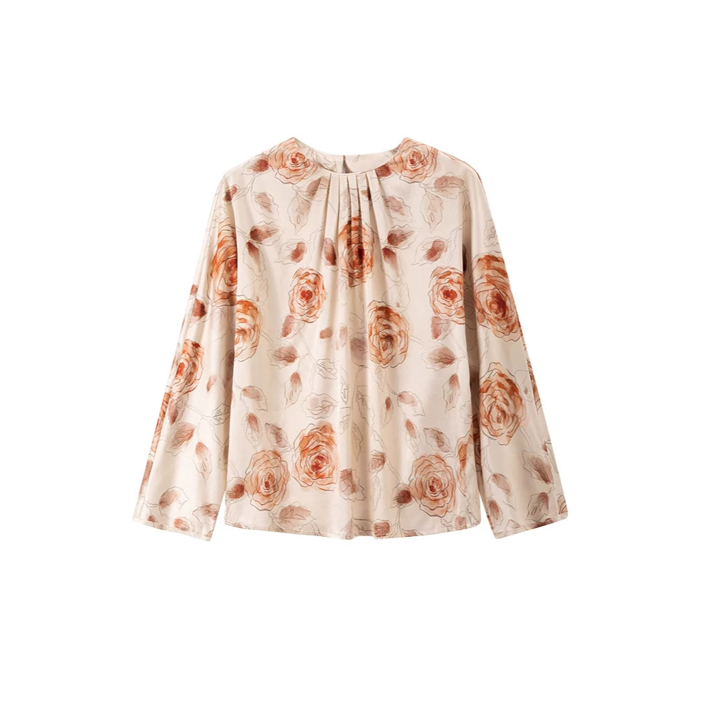 Chemisier femme en soie à motifs de roses et plis avant