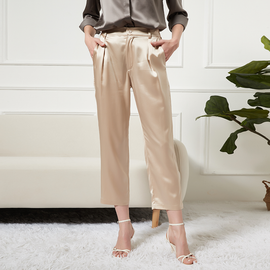 Pantalon femme en soie longueur ankle à poches