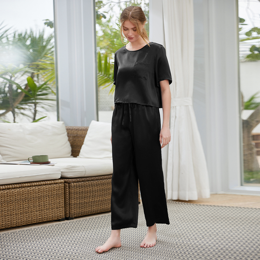 Pyjama 2 pièces femme en soie uni à manches courtes