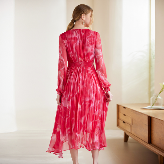 Robe en soie Crêpe froissé à effet dégradé et manches à volants