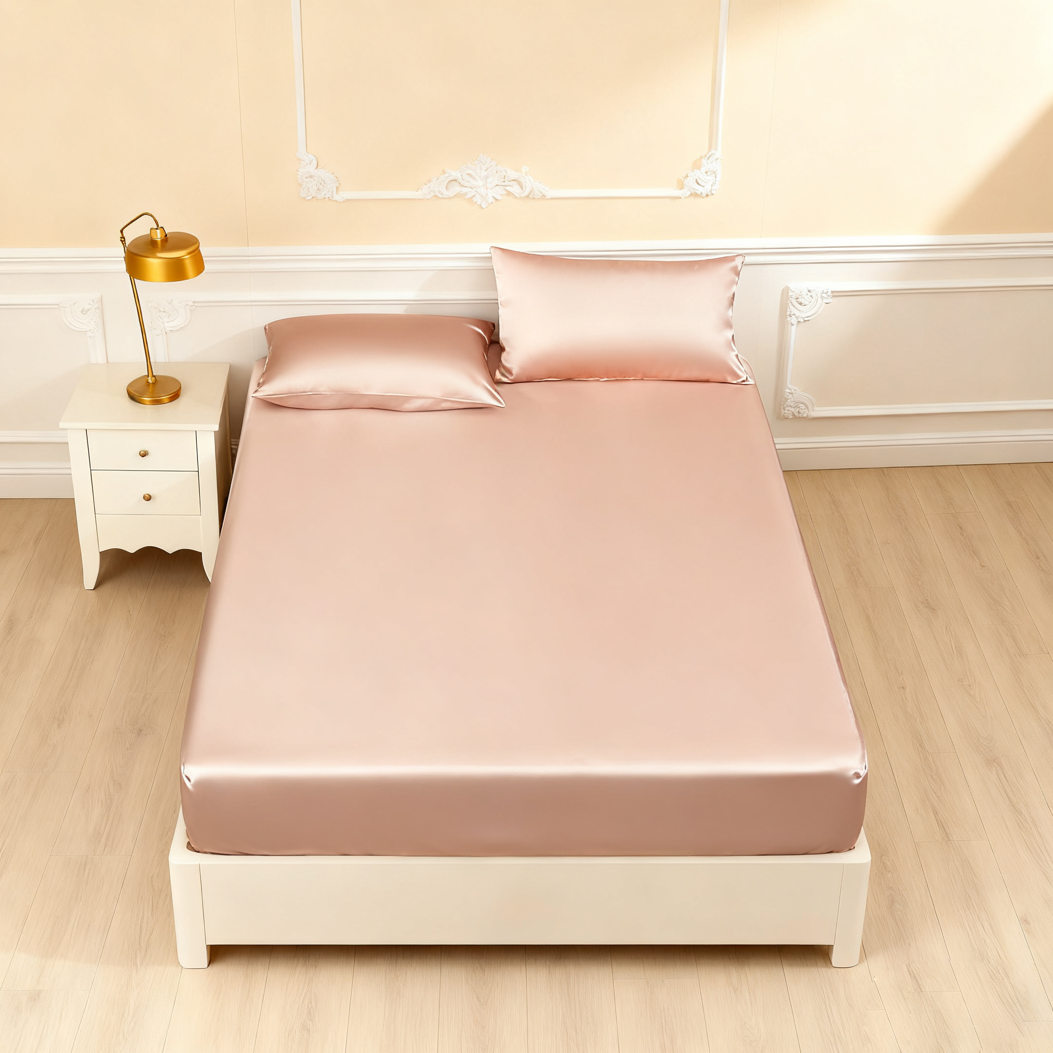 19 MOMME Parure de Drap en soie rose 3 pièces