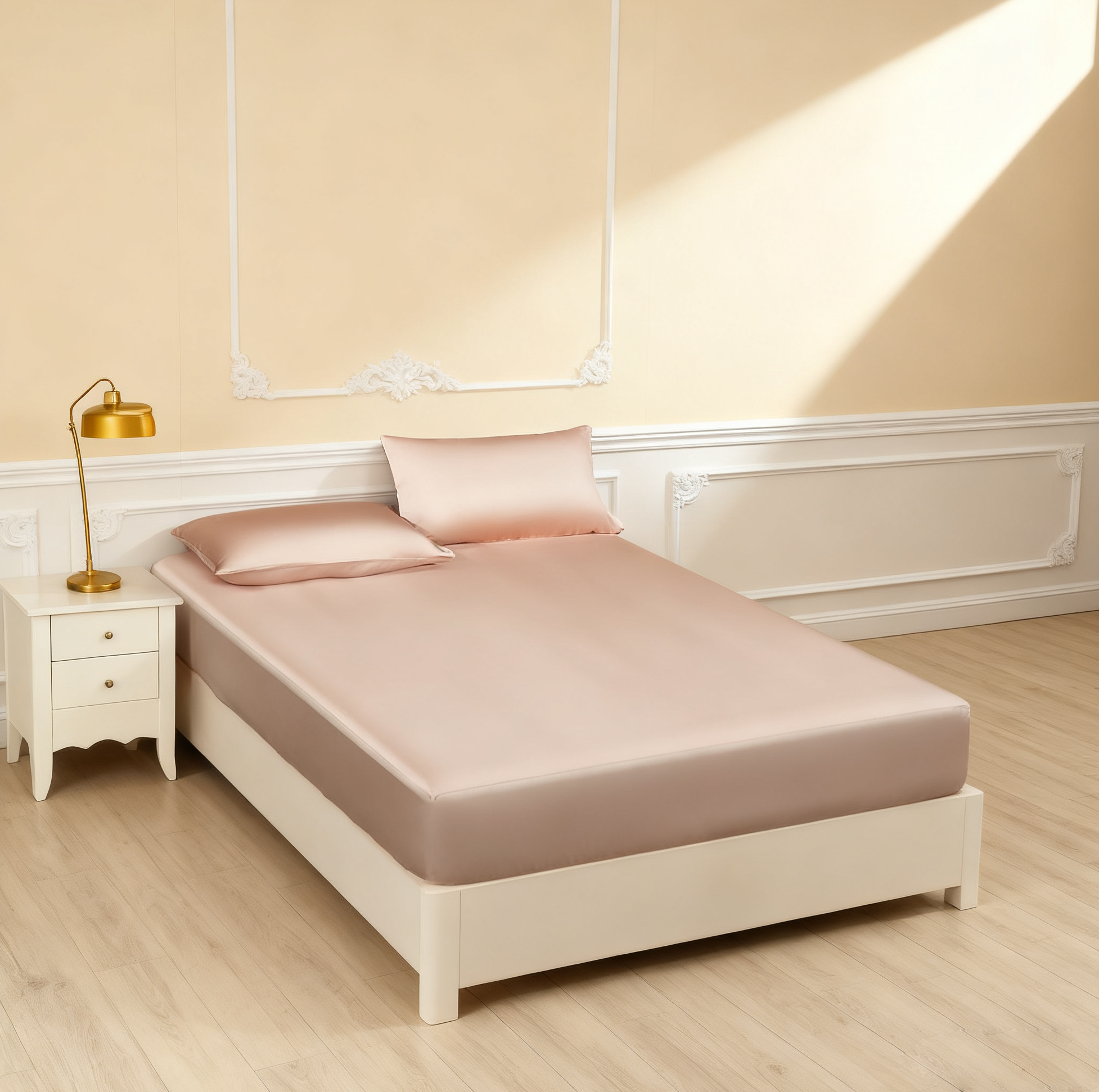 19 MOMME Parure de Drap en soie rose 3 pièces