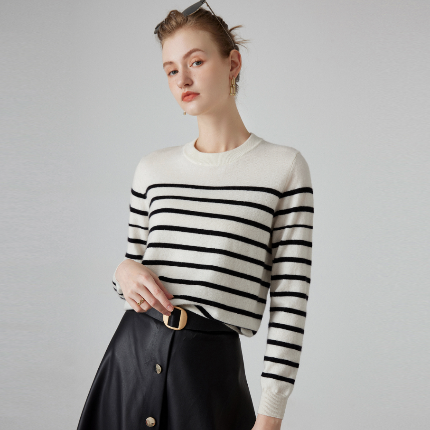 Pull Col Rond Rayé en Cachemire