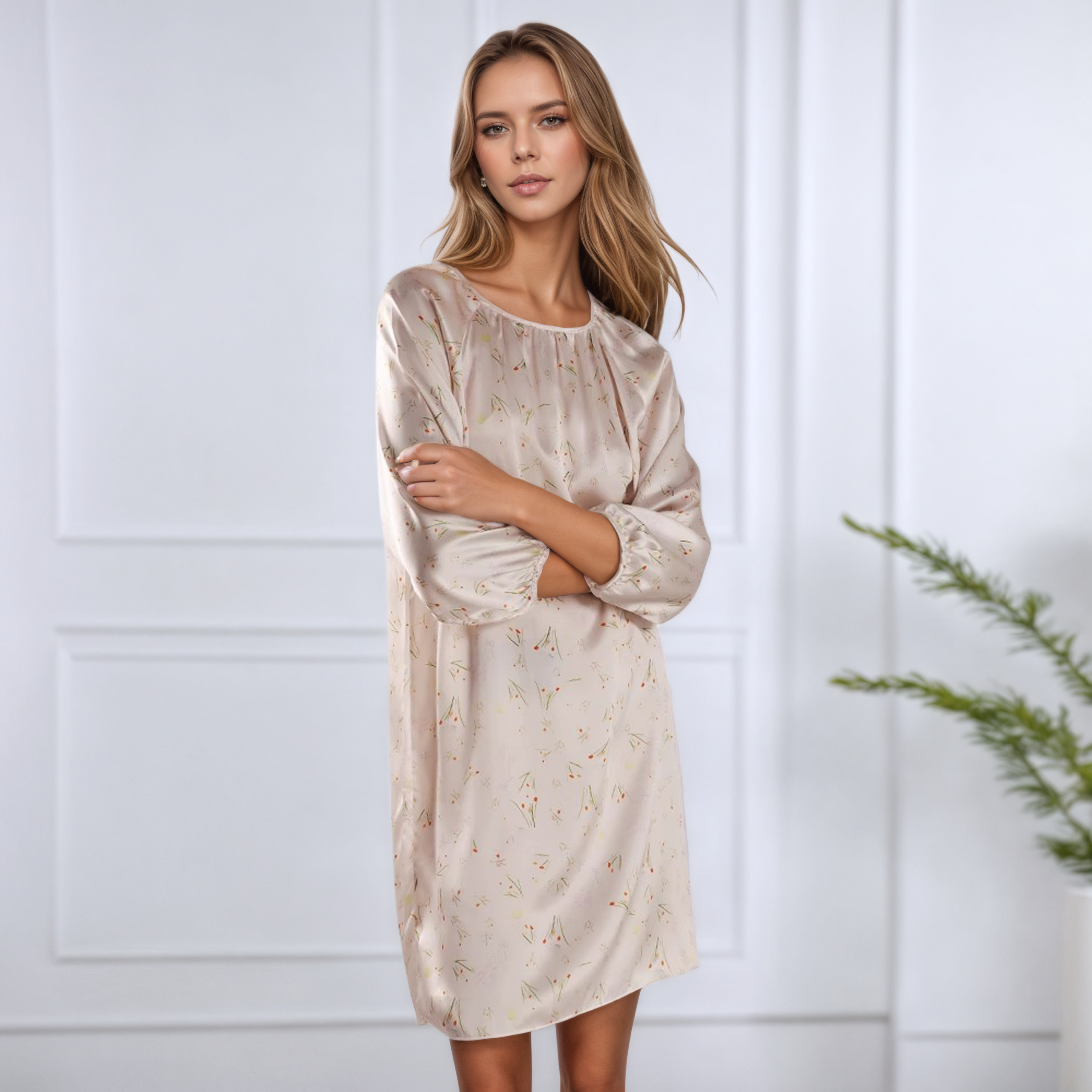 Chemise de nuit en soie à manches bouffantes et imprimé floral