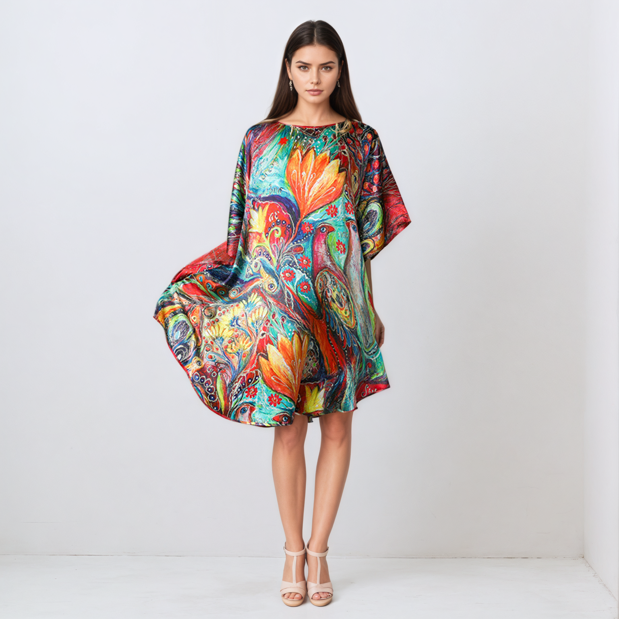 Chemise de nuit en soie de mûrier à manches dolman et motifs vibrants