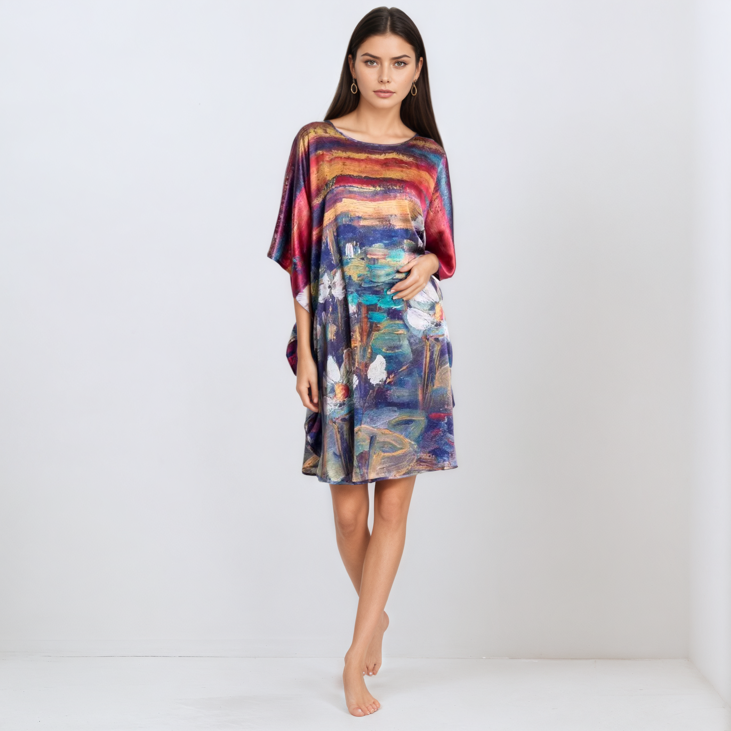 Chemise de nuit en soie à manches chauve-souris et imprimé lotus coucher de soleil