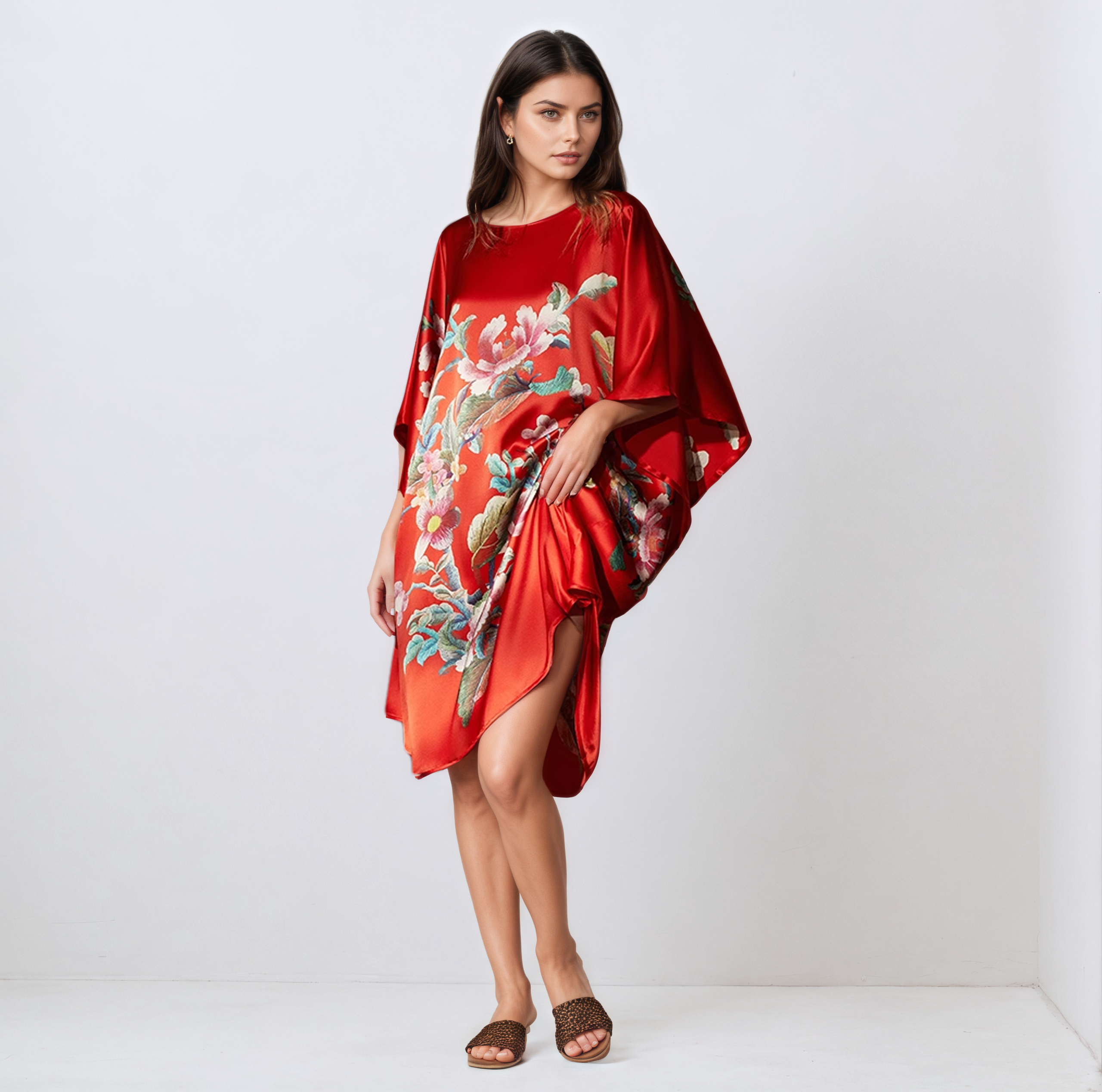 Chemise de nuit ample en soie de mûrier à motifs de pivoines rouge