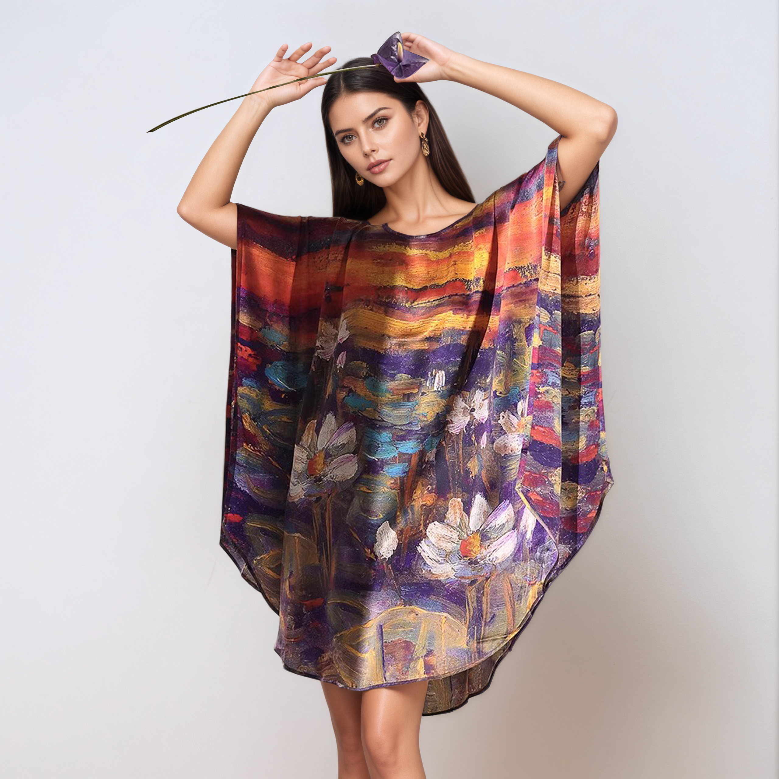 Chemise de nuit en soie à manches chauve-souris et imprimé lotus coucher de soleil