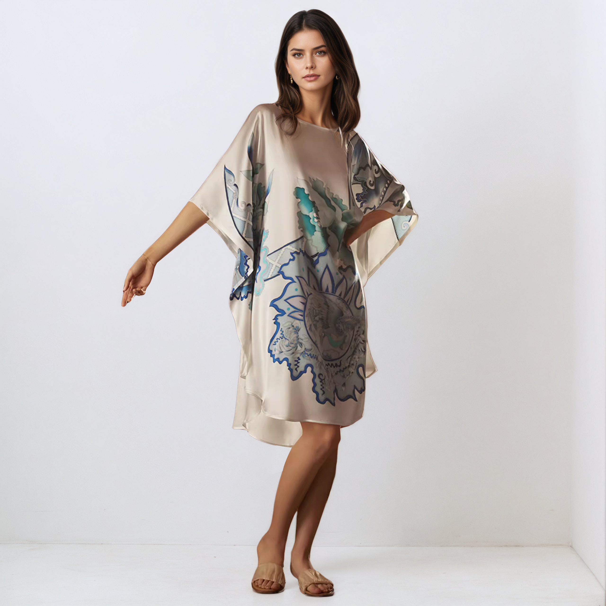 Robe de nuit en soie à imprimé bleu porcelaine