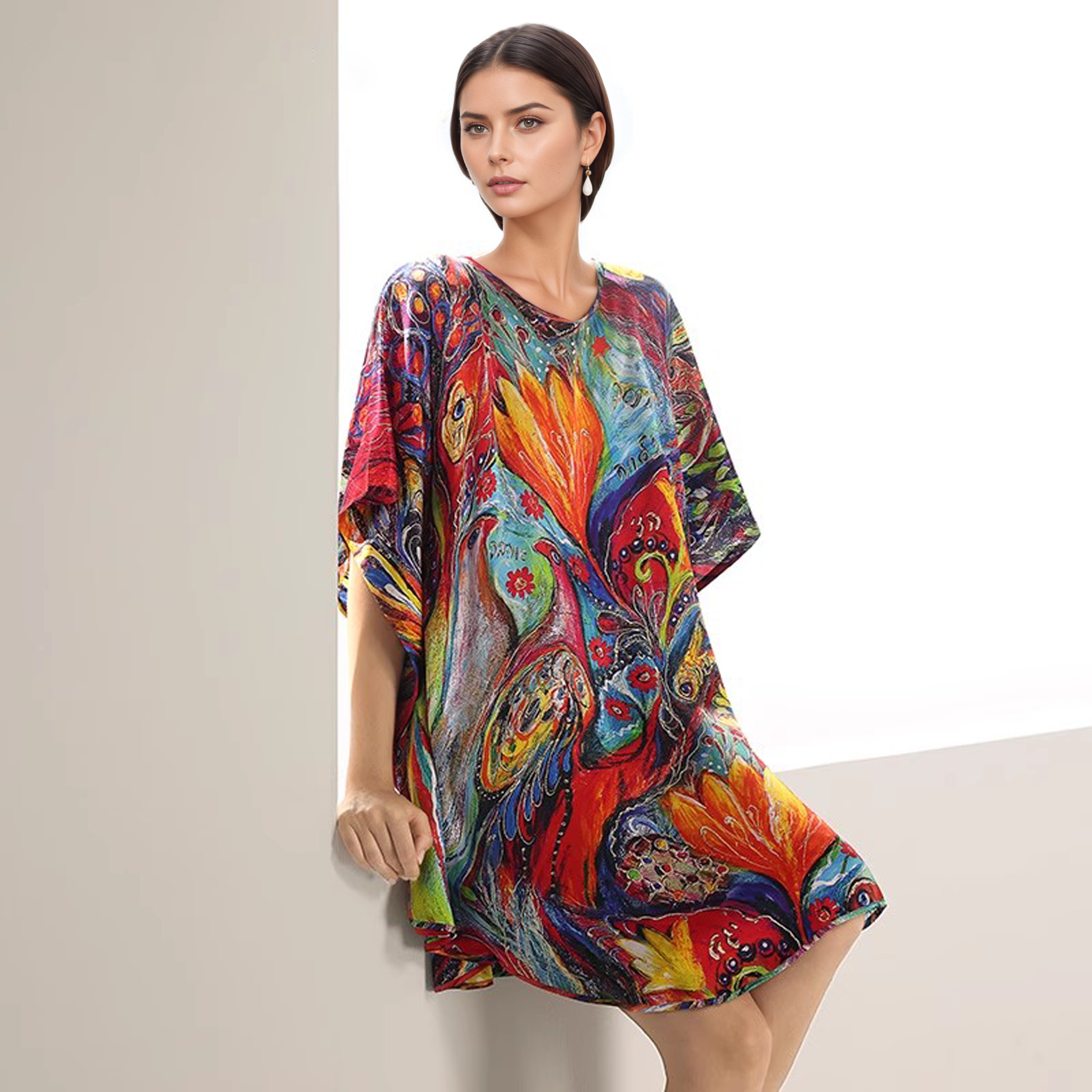 Chemise de nuit en soie de mûrier à manches dolman et motifs vibrants