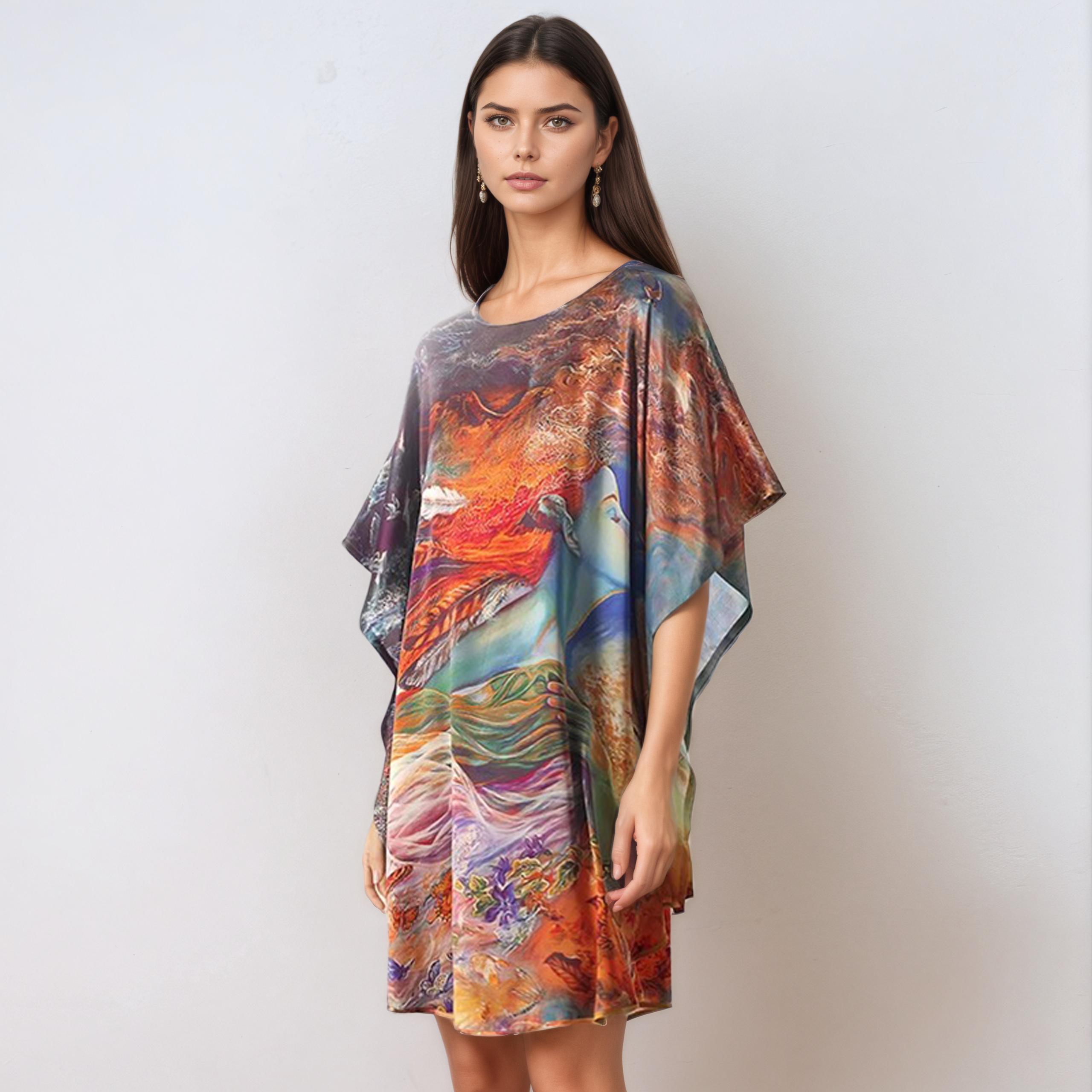 Chemise de nuit ample en soie colorée à manches chauve-souris