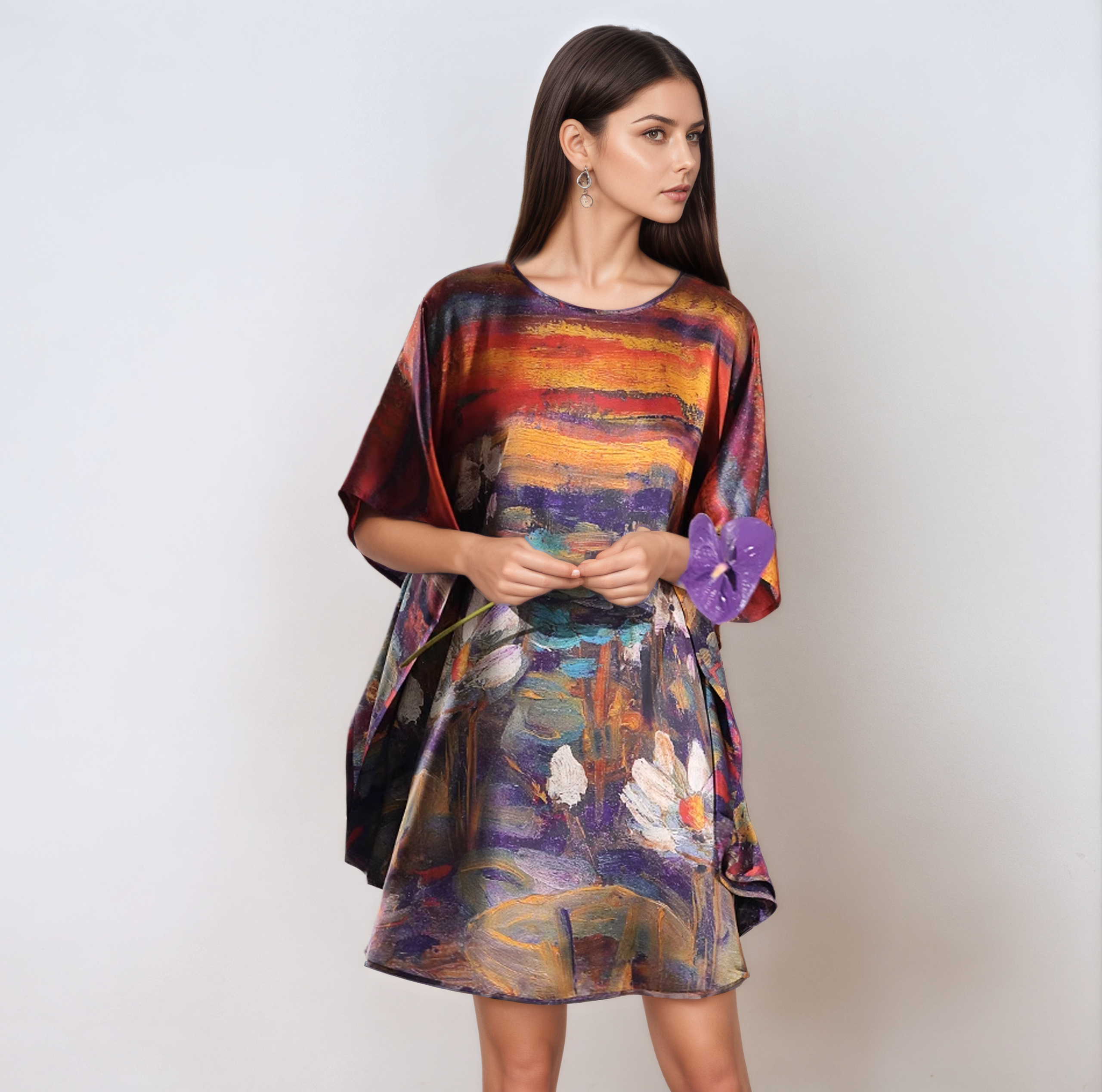 Chemise de nuit en soie à manches chauve-souris et imprimé lotus coucher de soleil