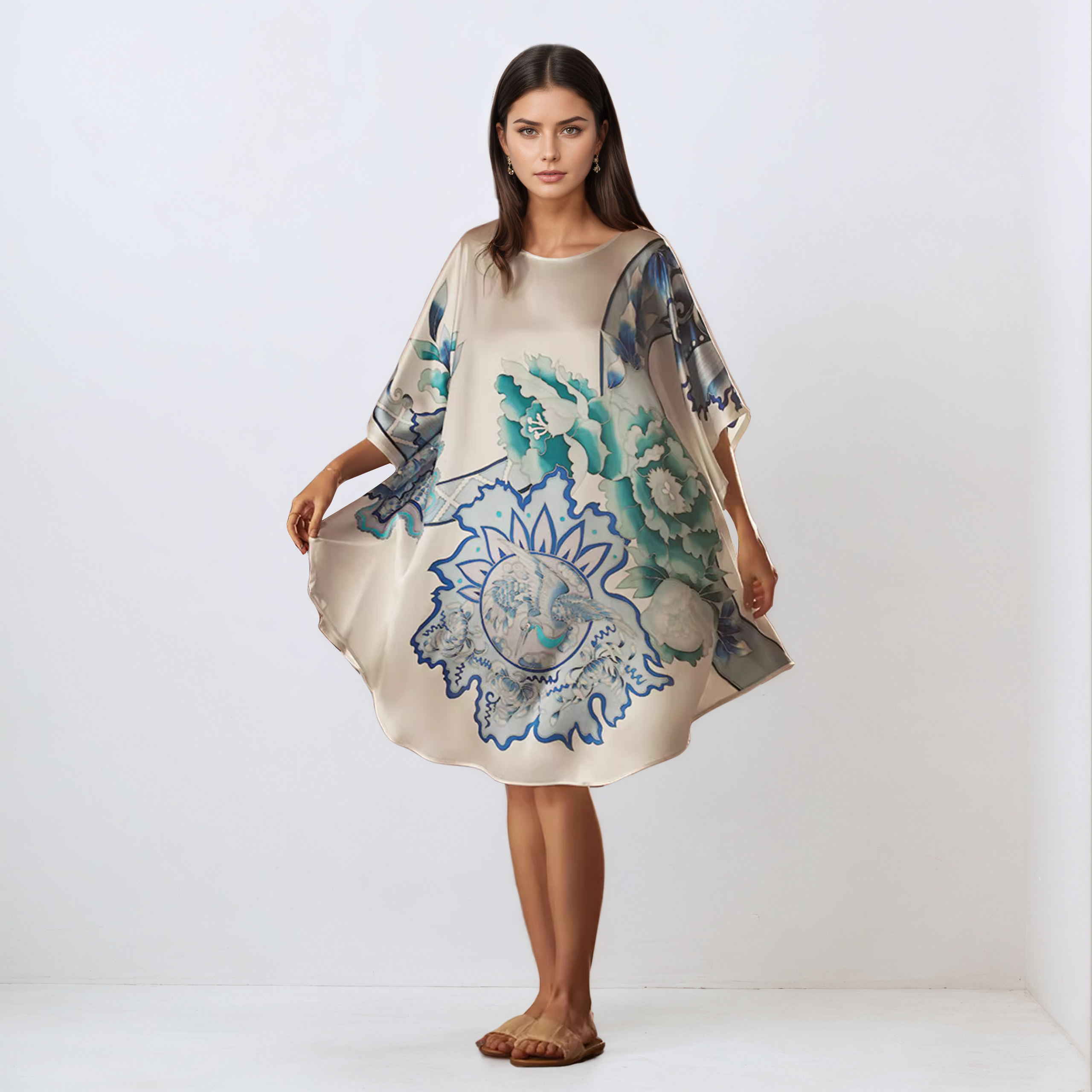 Robe de nuit en soie à imprimé bleu porcelaine