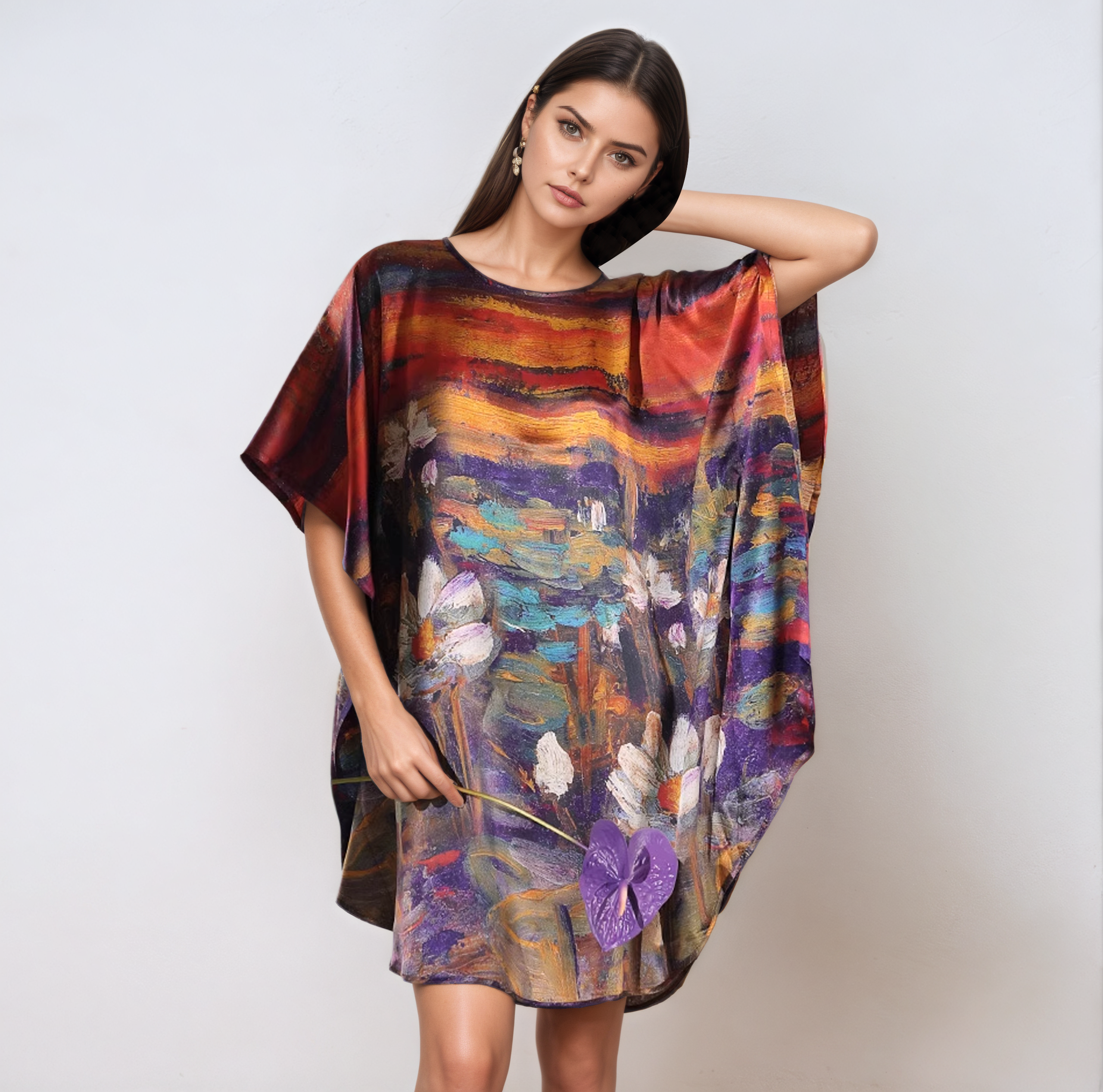 Chemise de nuit en soie à manches chauve-souris et imprimé lotus coucher de soleil