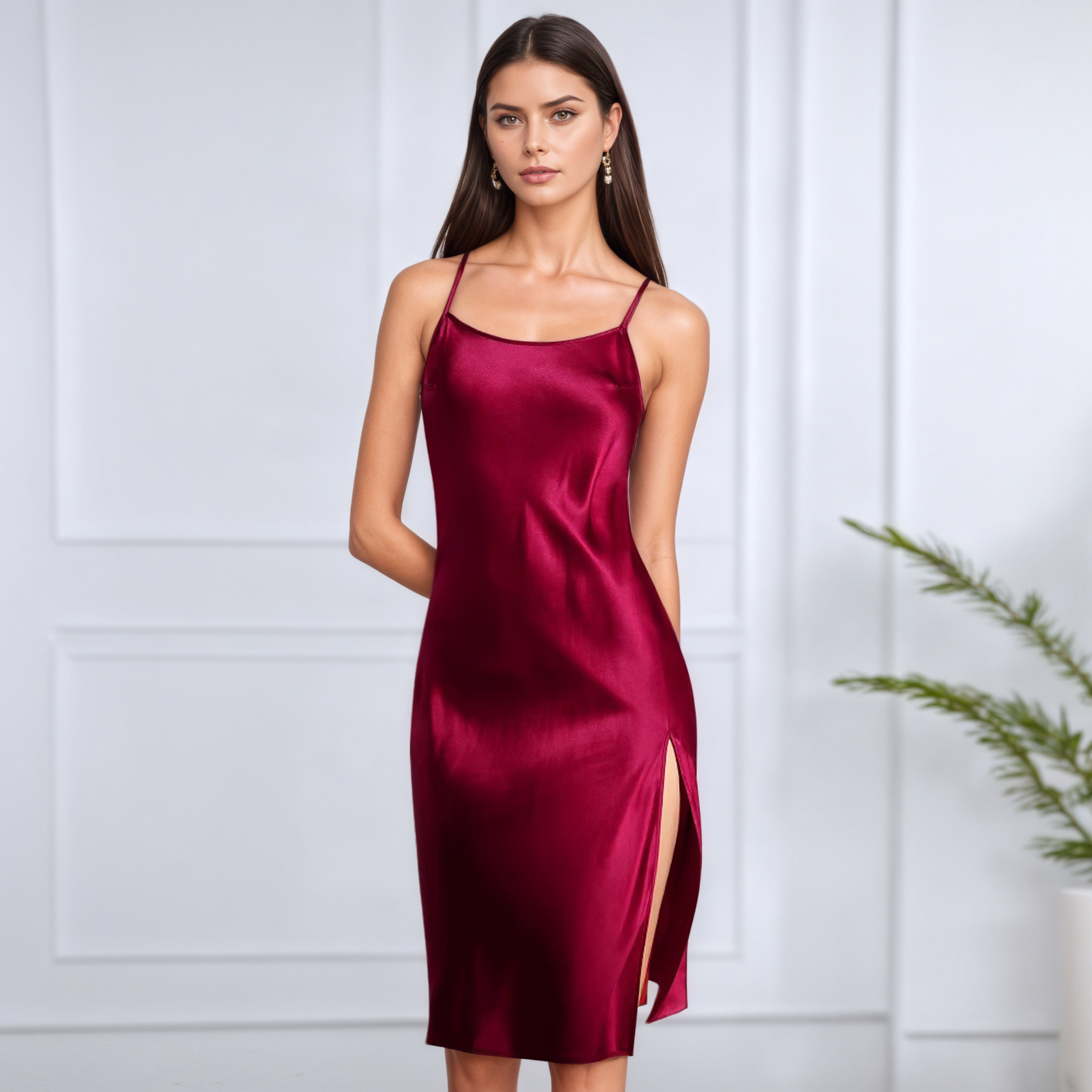 Chemise de nuit à bretelles en soie de couleur unie avec dos fendu