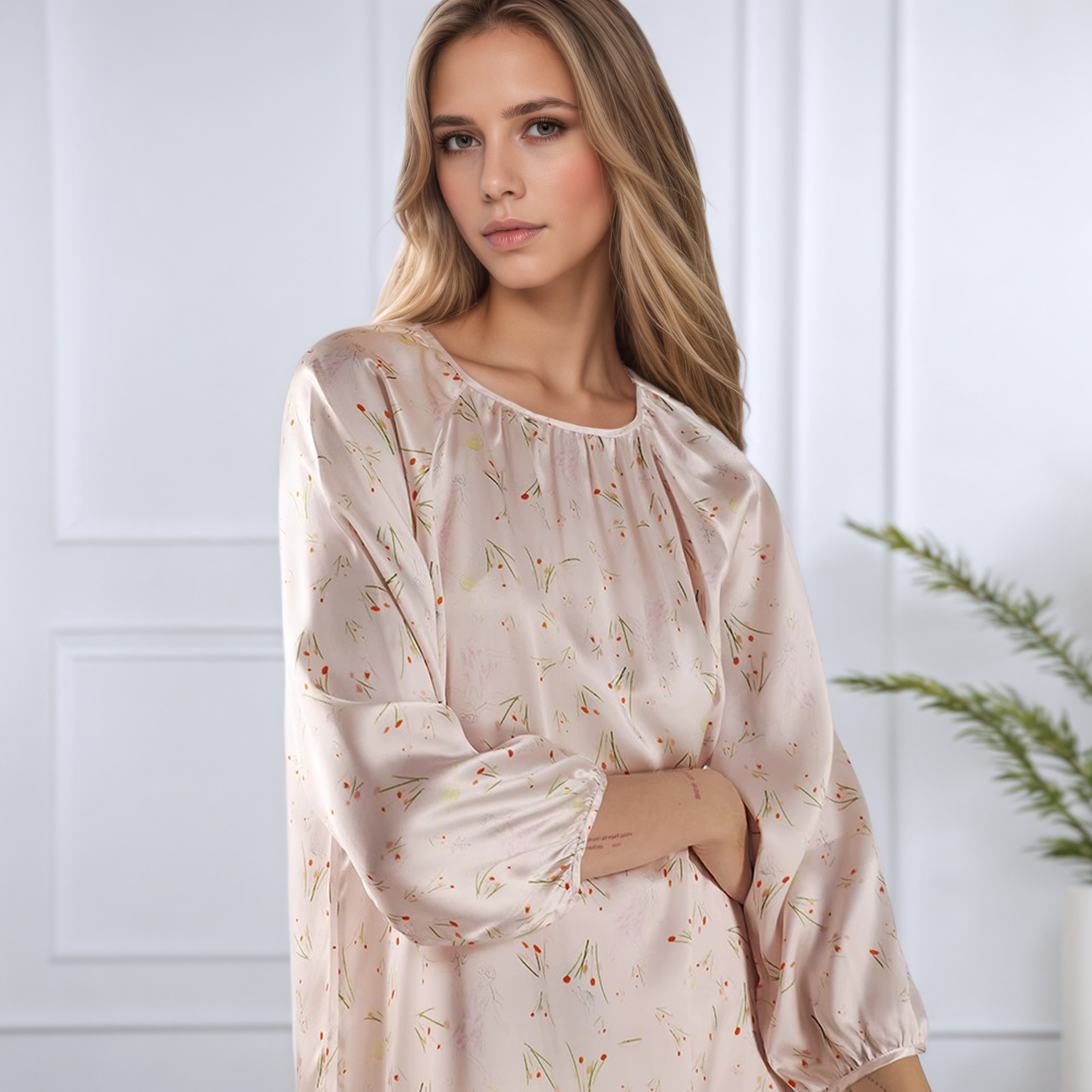 Chemise de nuit en soie à manches bouffantes et imprimé floral