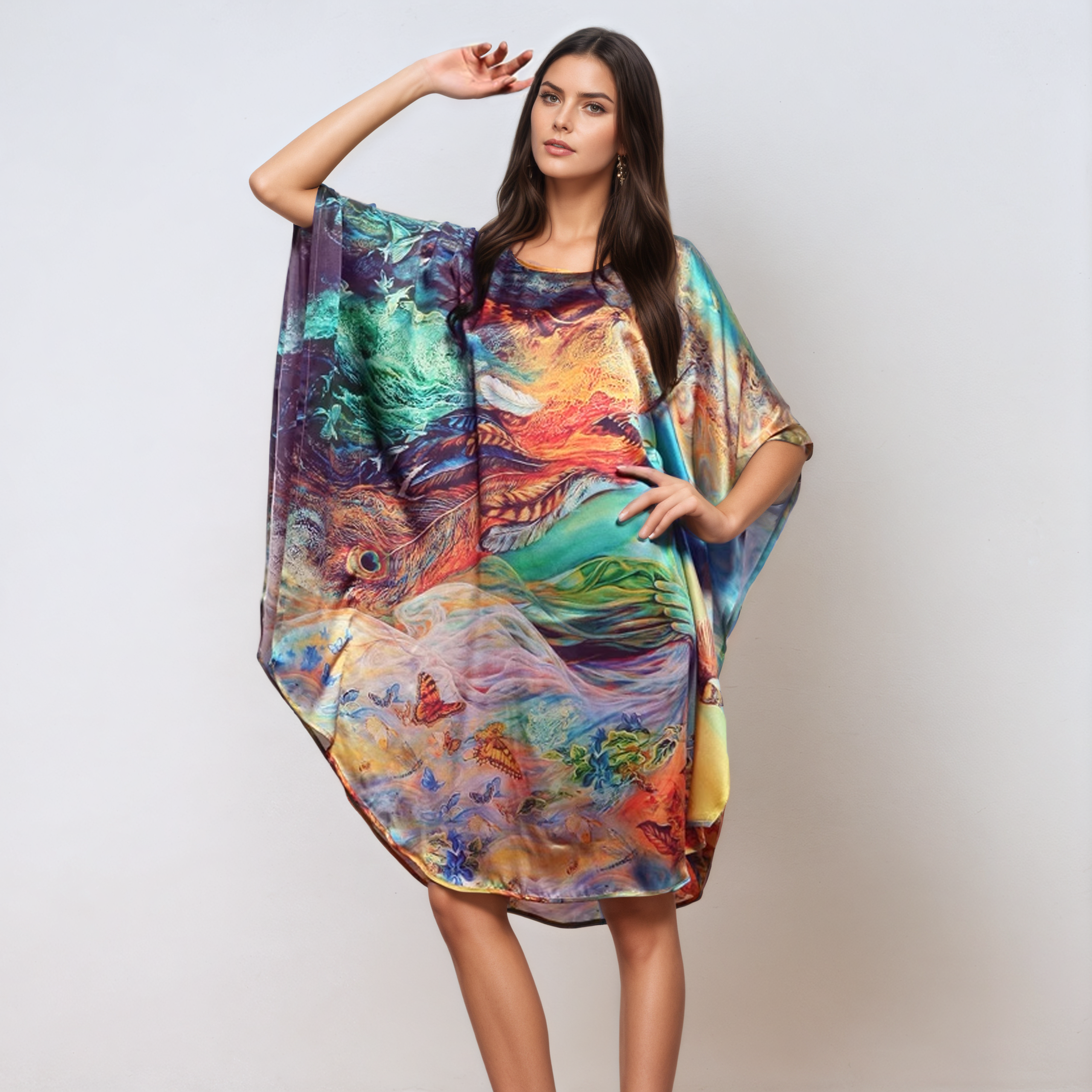 Chemise de nuit ample en soie colorée à manches chauve-souris