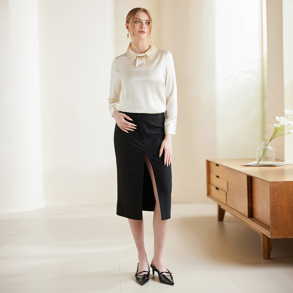 Chemisier femme en soie à boutons perles synthétiques