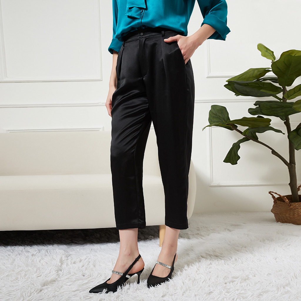 Pantalon femme en soie longueur ankle à poches