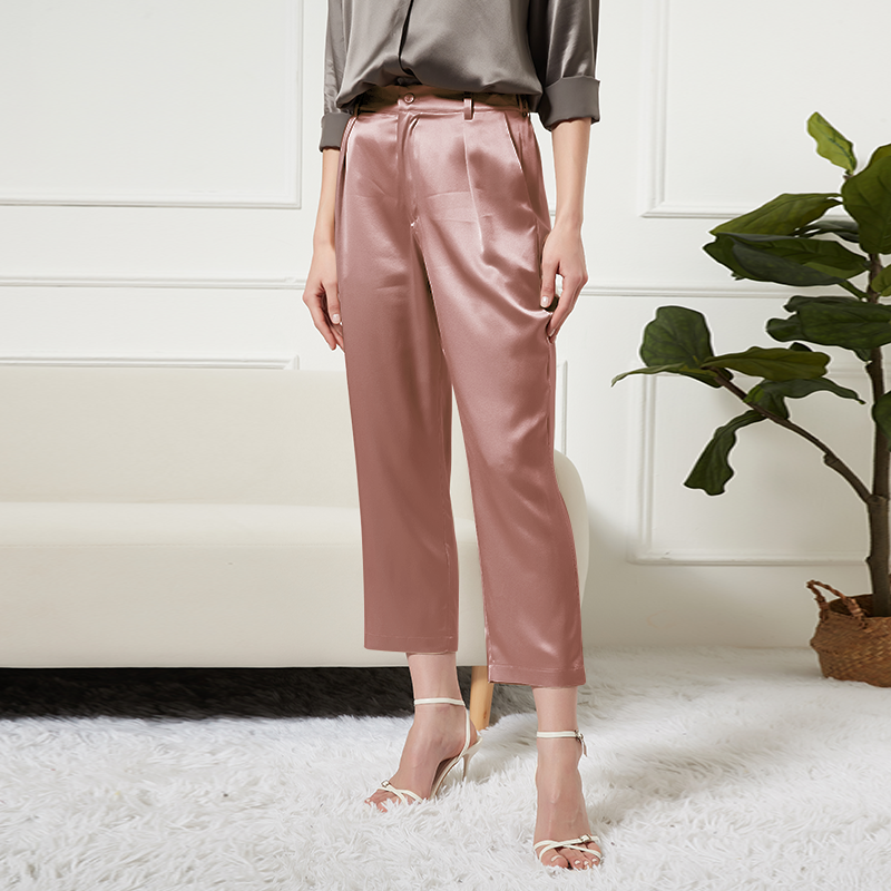 Pantalon femme en soie longueur ankle à poches
