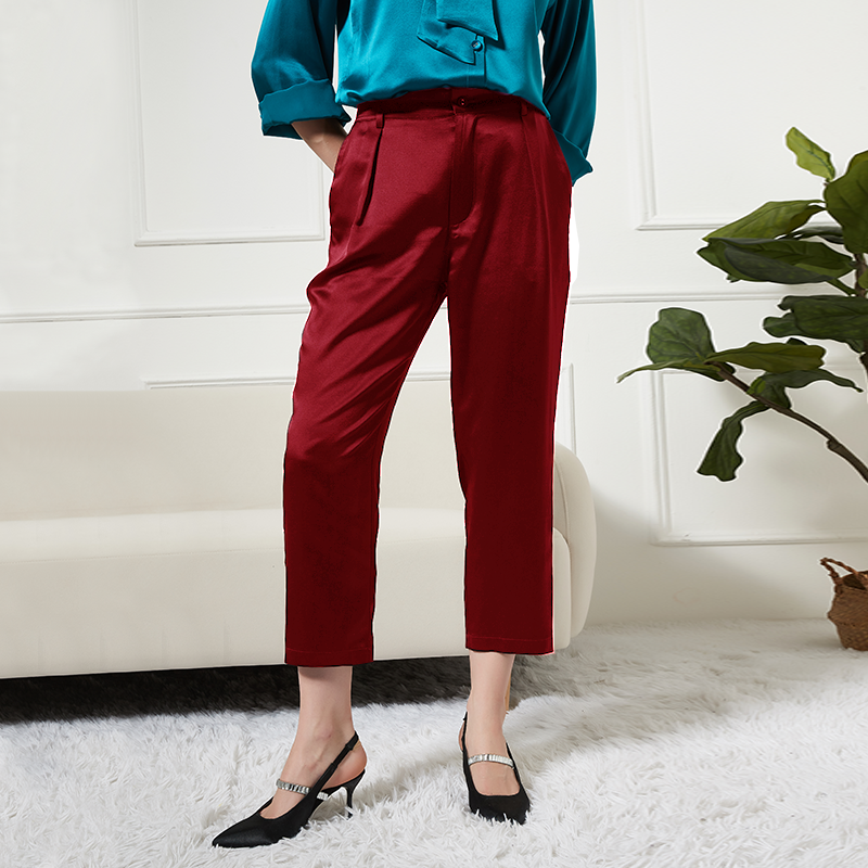 Pantalon femme en soie longueur ankle à poches