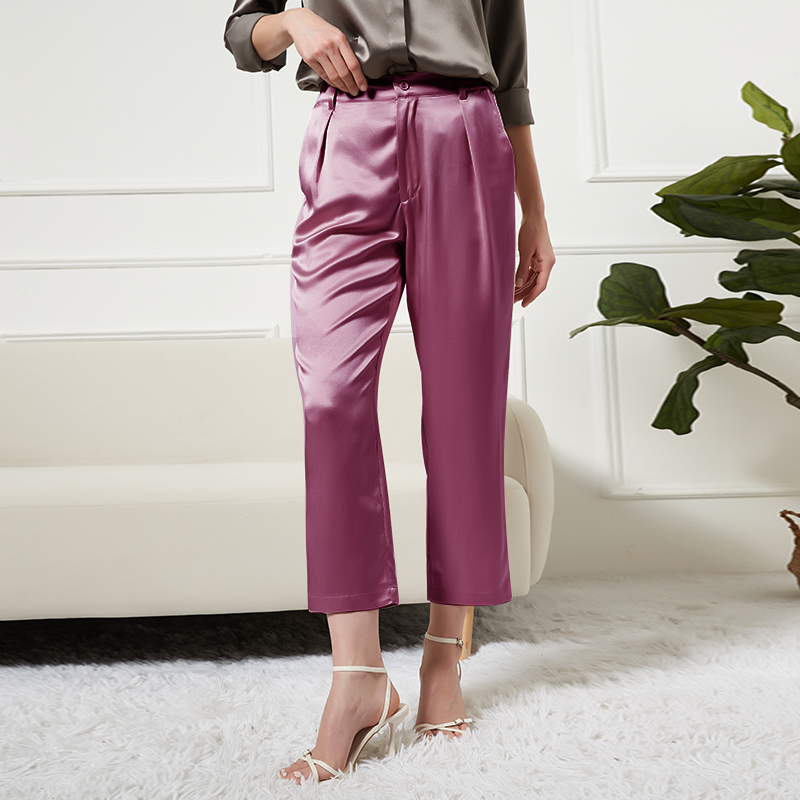 Pantalon femme en soie longueur ankle à poches