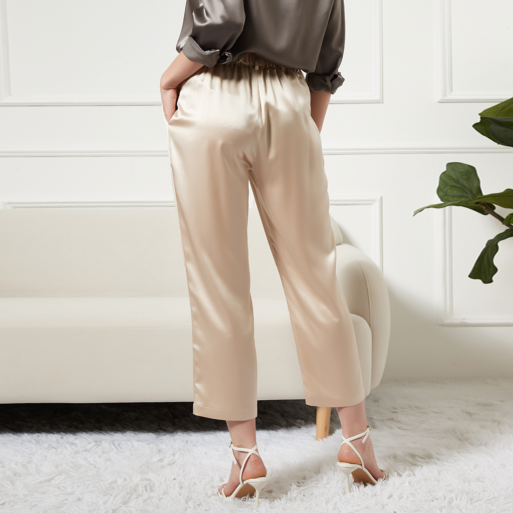 Pantalon femme en soie longueur ankle à poches