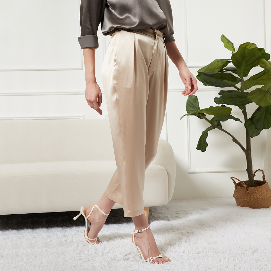 Pantalon femme en soie longueur ankle à poches