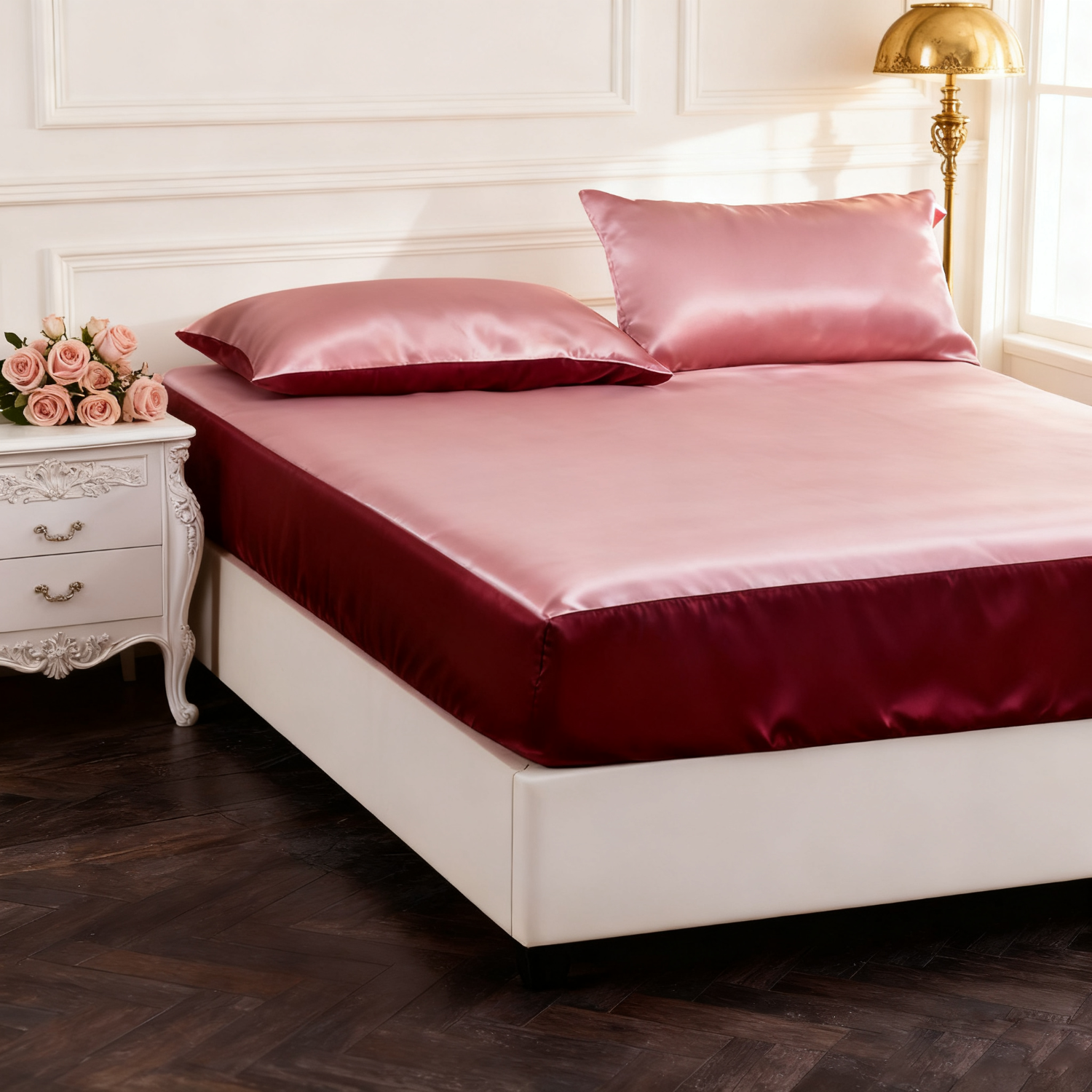 19 MOMME Parure de Drap en soie rose foncé 3 pièces