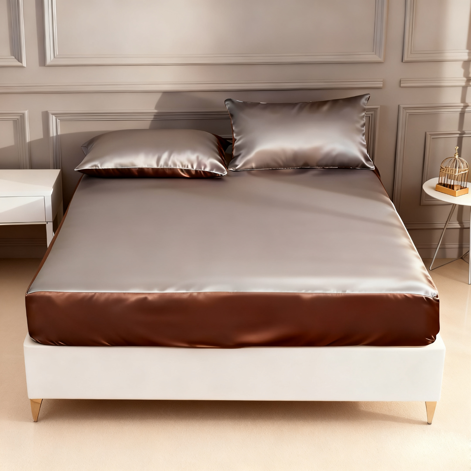 19 MOMME Parure de Drap en soie gris et brun 3 pièces