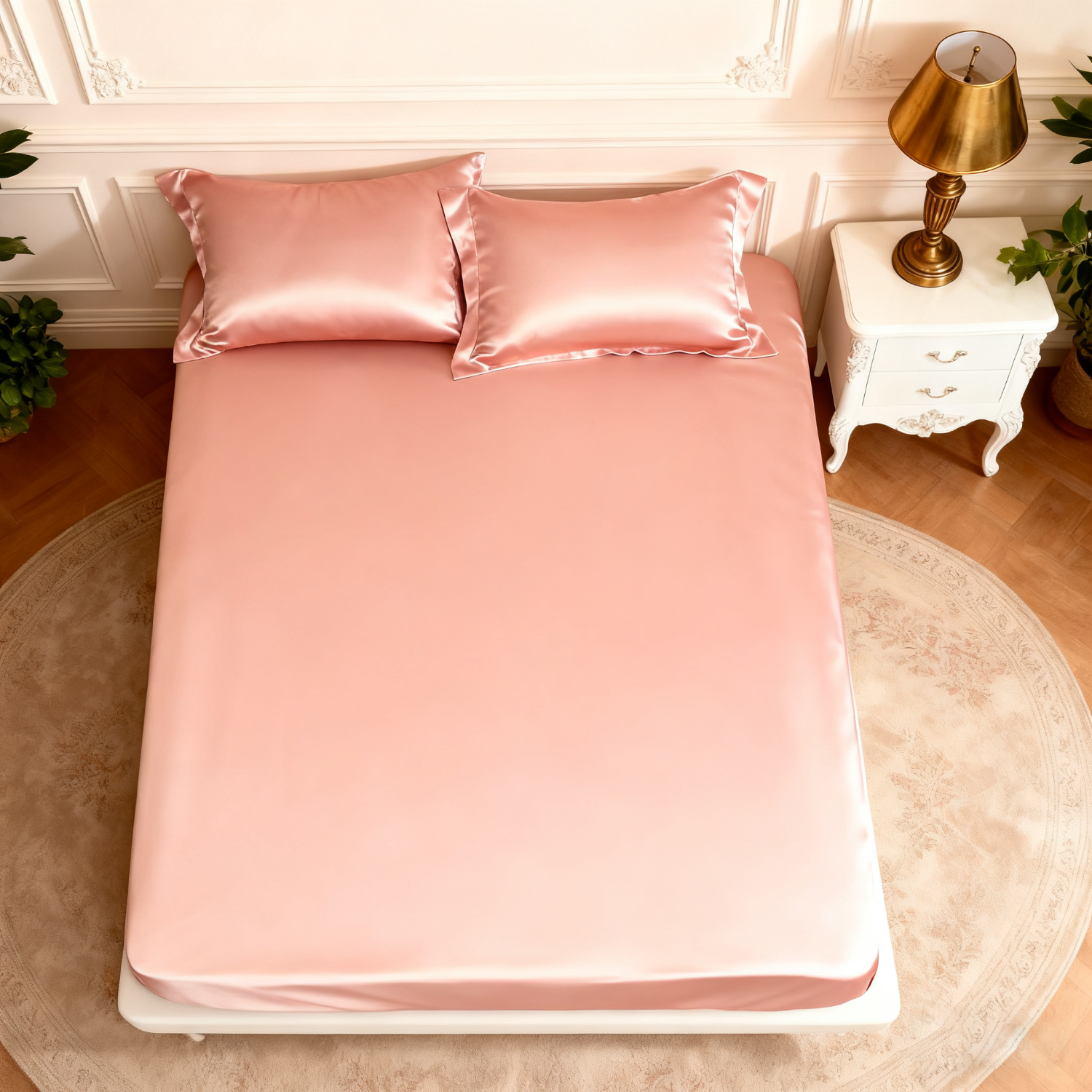 19 MOMME Parure de Drap en soie rose clair 3 pièces