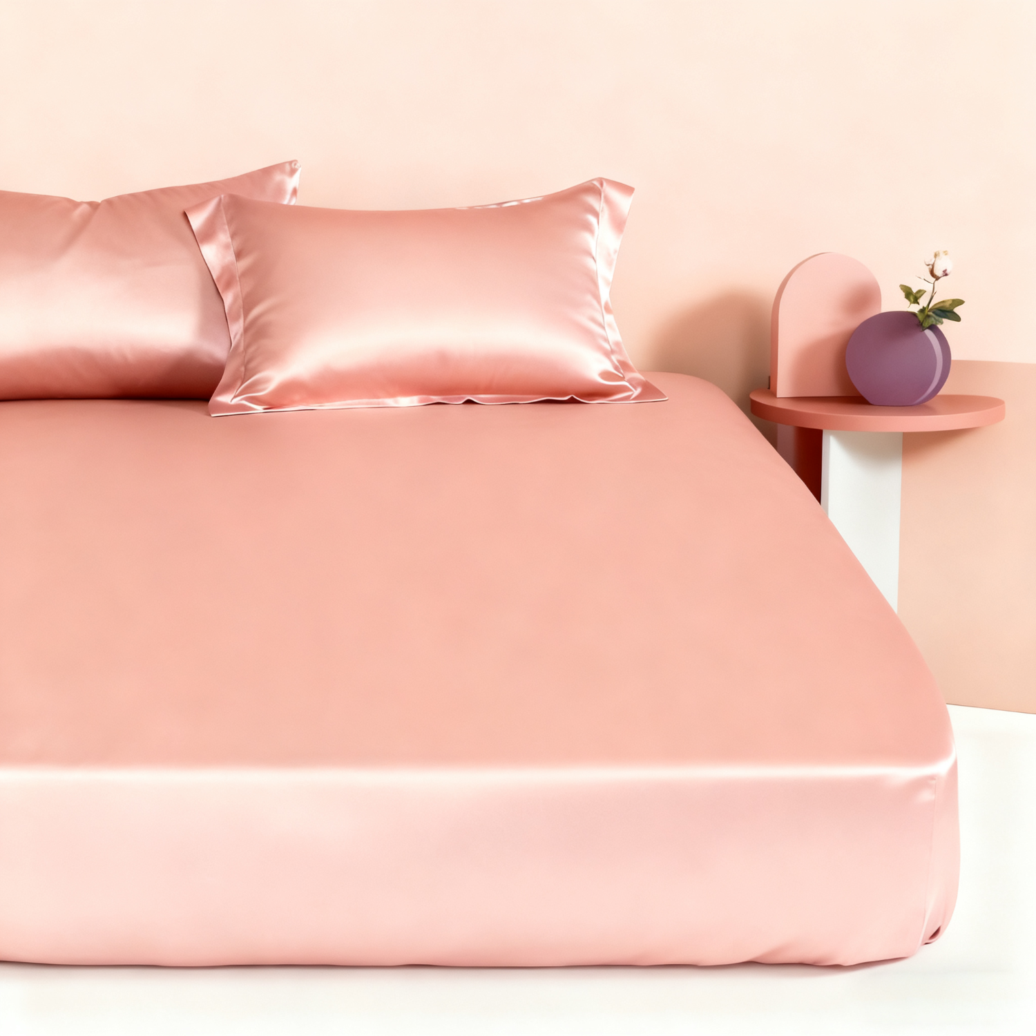 19 MOMME Parure de Drap en soie rose clair 3 pièces