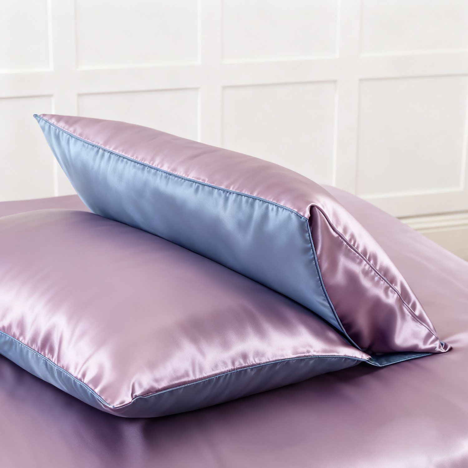 19 MOMME Parure de lit en soie classique violet et gris  (Ensemble 4 pièces)