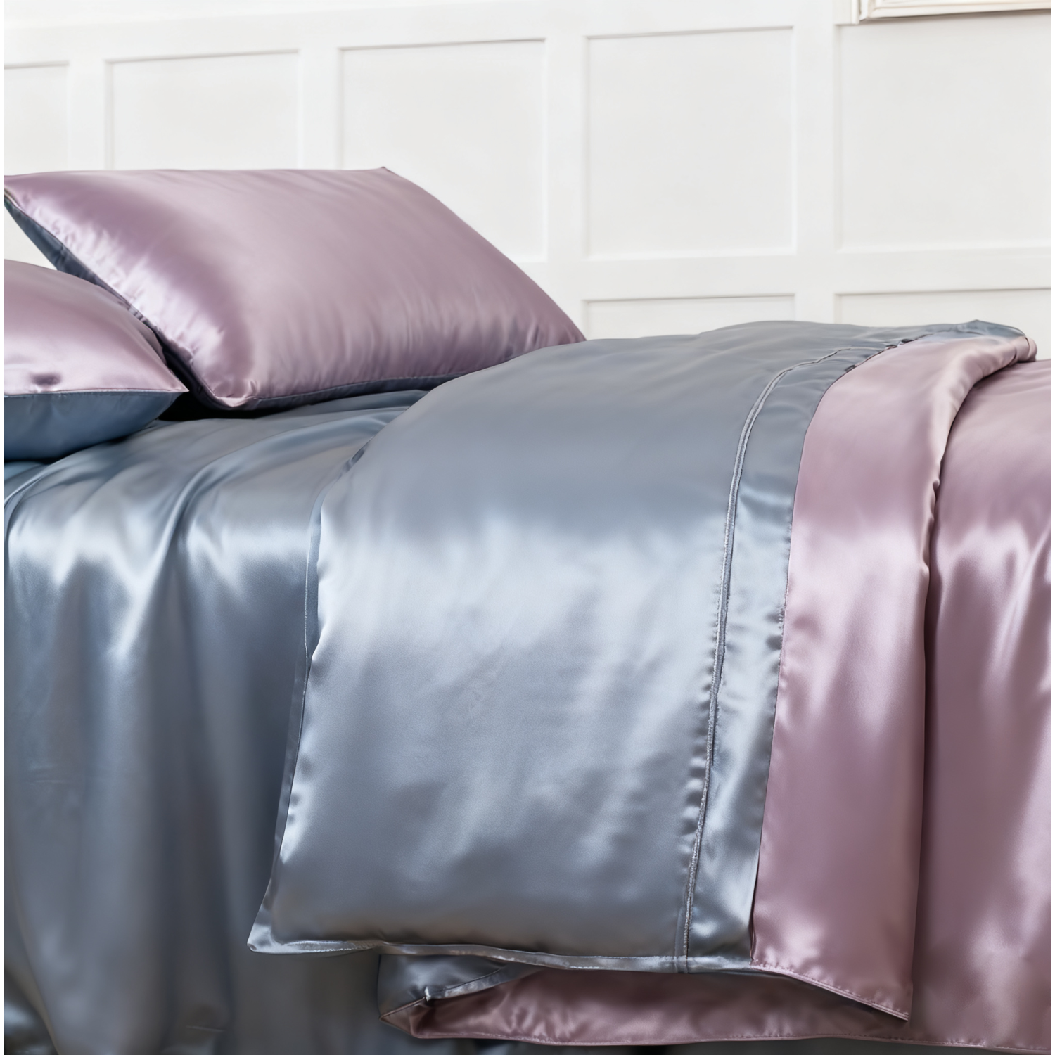 19 MOMME Parure de lit en soie classique violet et gris  (Ensemble 4 pièces)