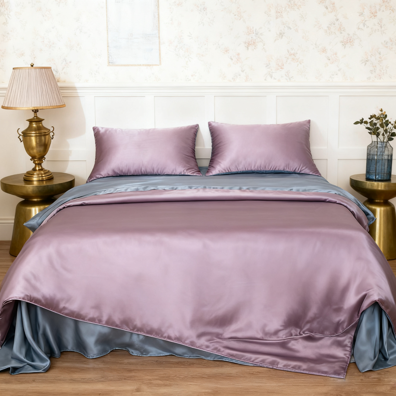 19 MOMME Parure de lit en soie classique violet et gris  (Ensemble 4 pièces)