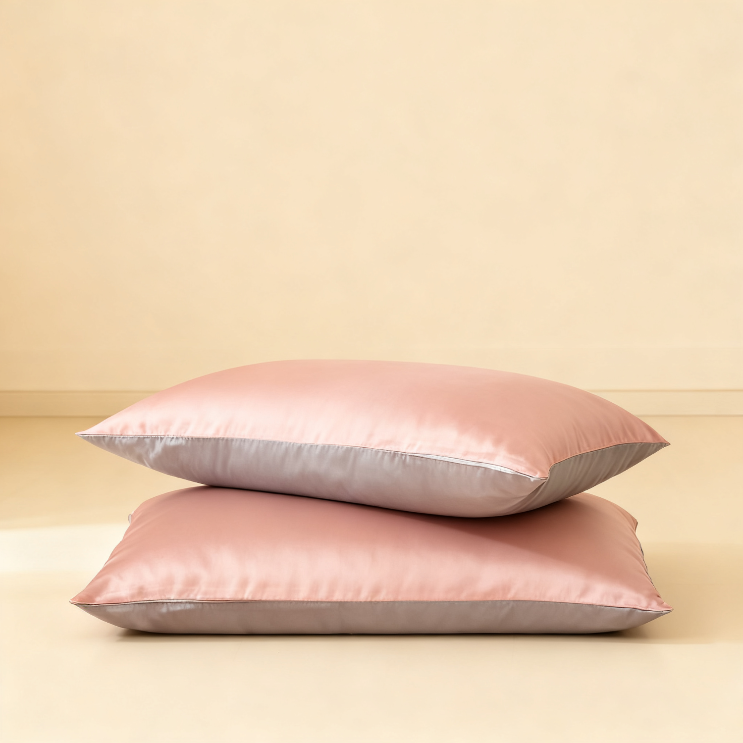 19 MOMME Parure de lit en soie classique rose et gris (Ensemble 4 pièces)