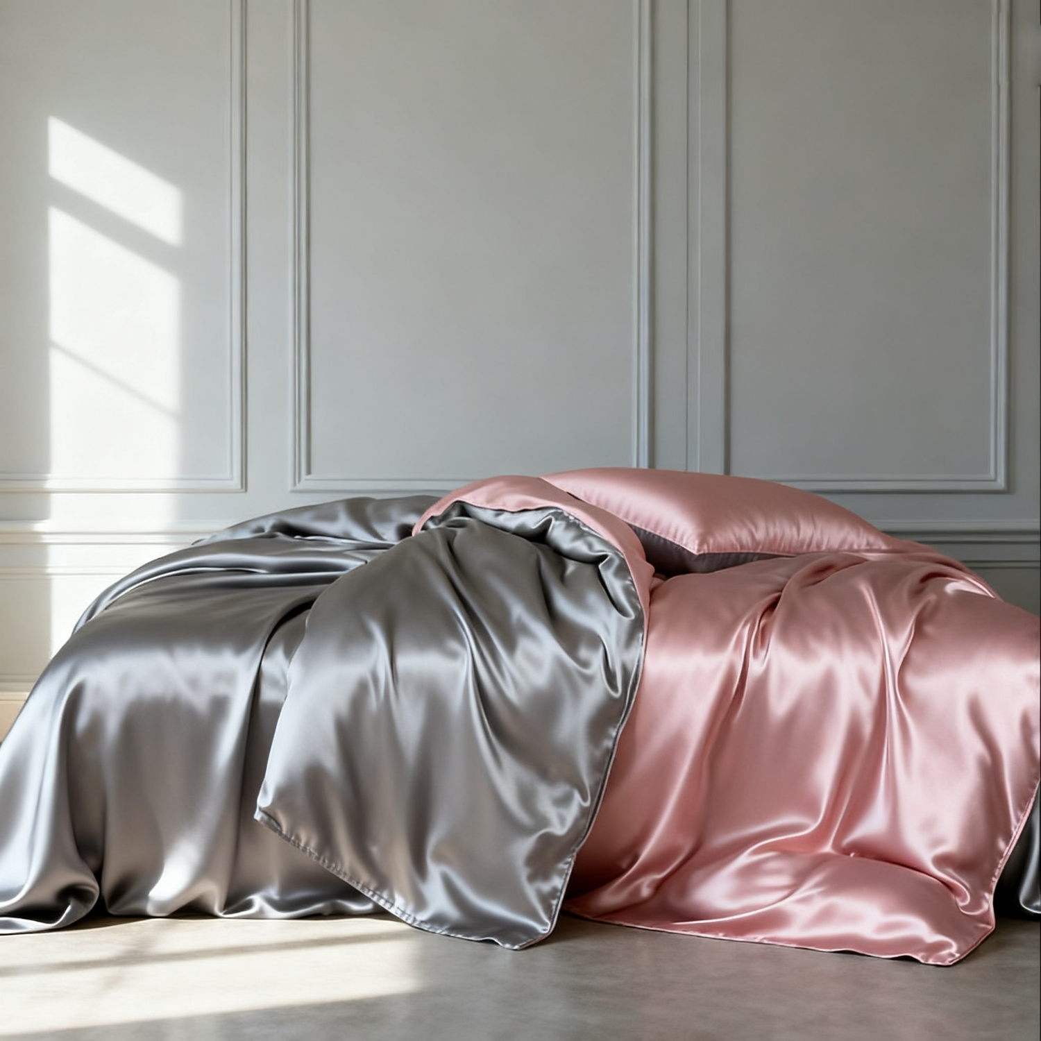 19 MOMME Parure de lit en soie classique rose et gris (Ensemble 4 pièces)