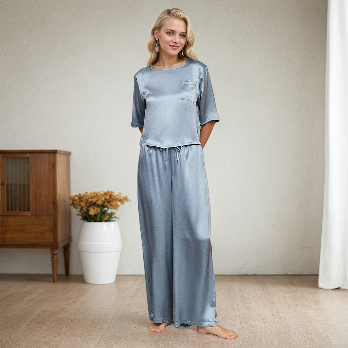 Pyjama 2 pièces femme en soie uni à manches courtes