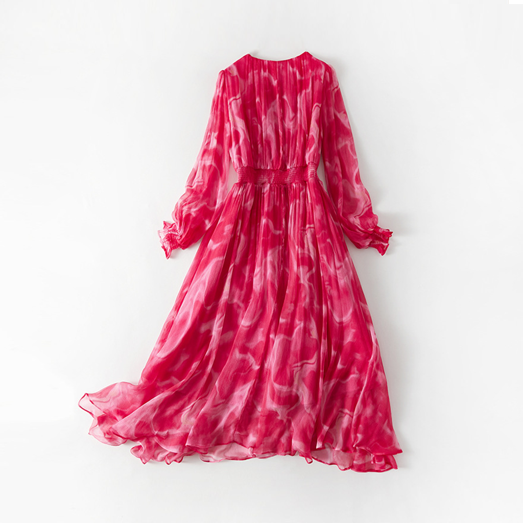 Robe en soie Crêpe froissé à effet dégradé et manches à volants