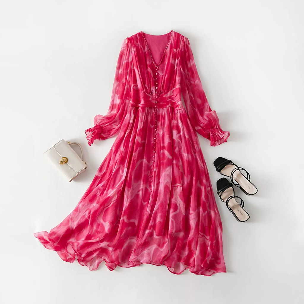 Robe en soie Crêpe froissé à effet dégradé et manches à volants