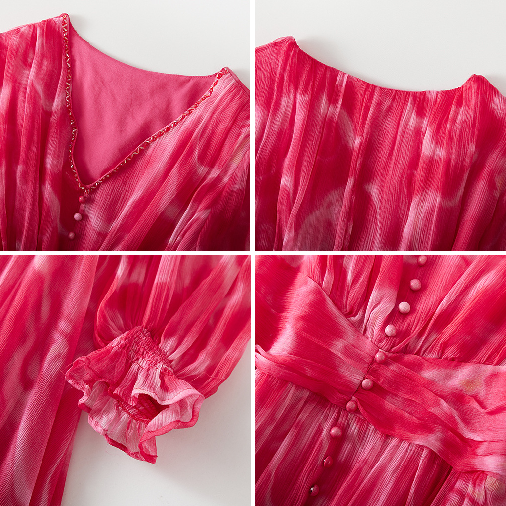 Robe en soie Crêpe froissé à effet dégradé et manches à volants
