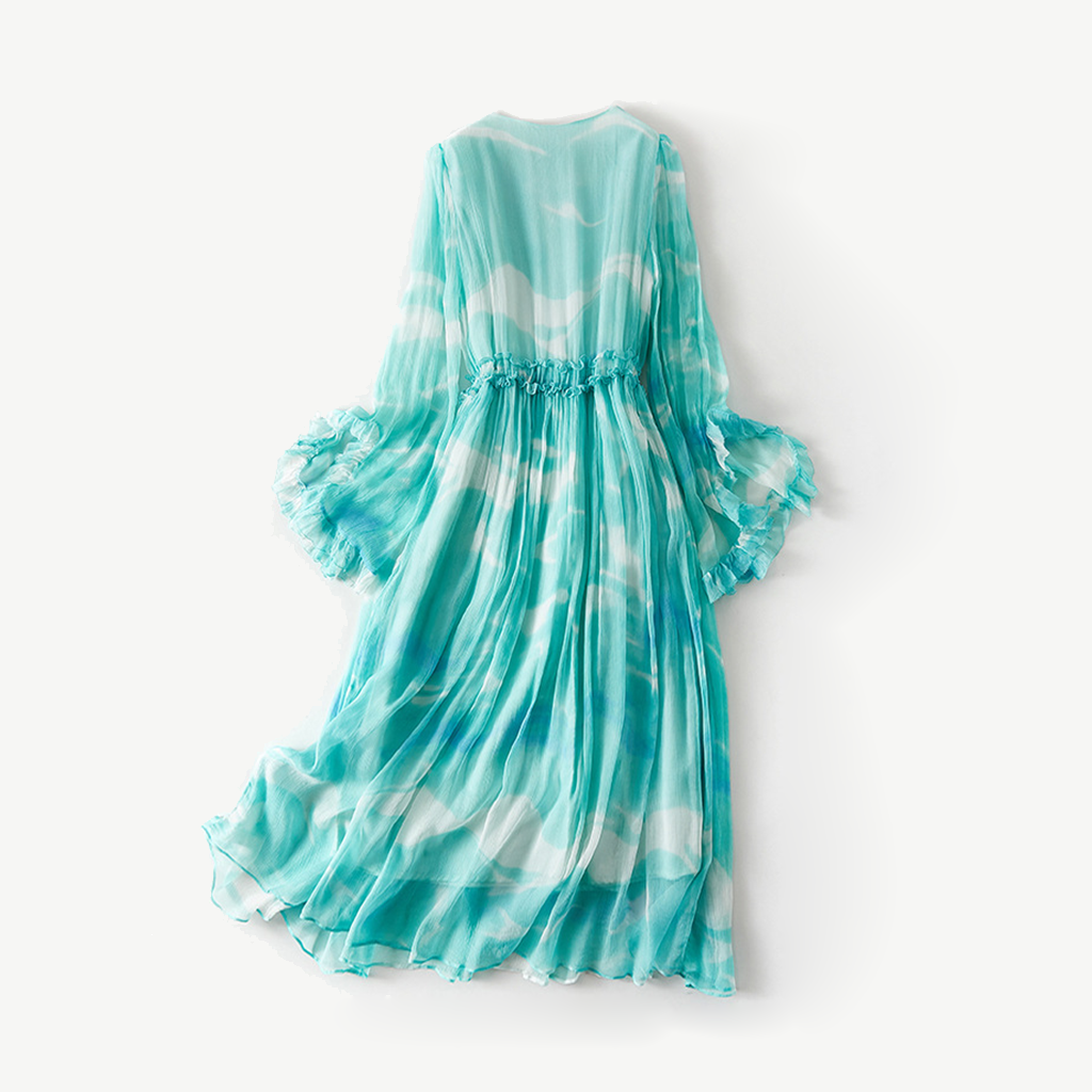 Robe en soie georgette dégradée bleu lac
