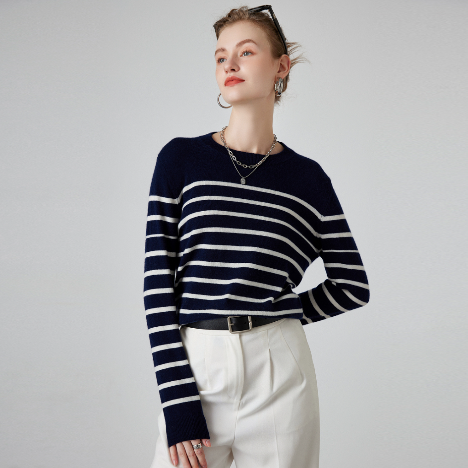 Pull Col Rond Rayé en Cachemire