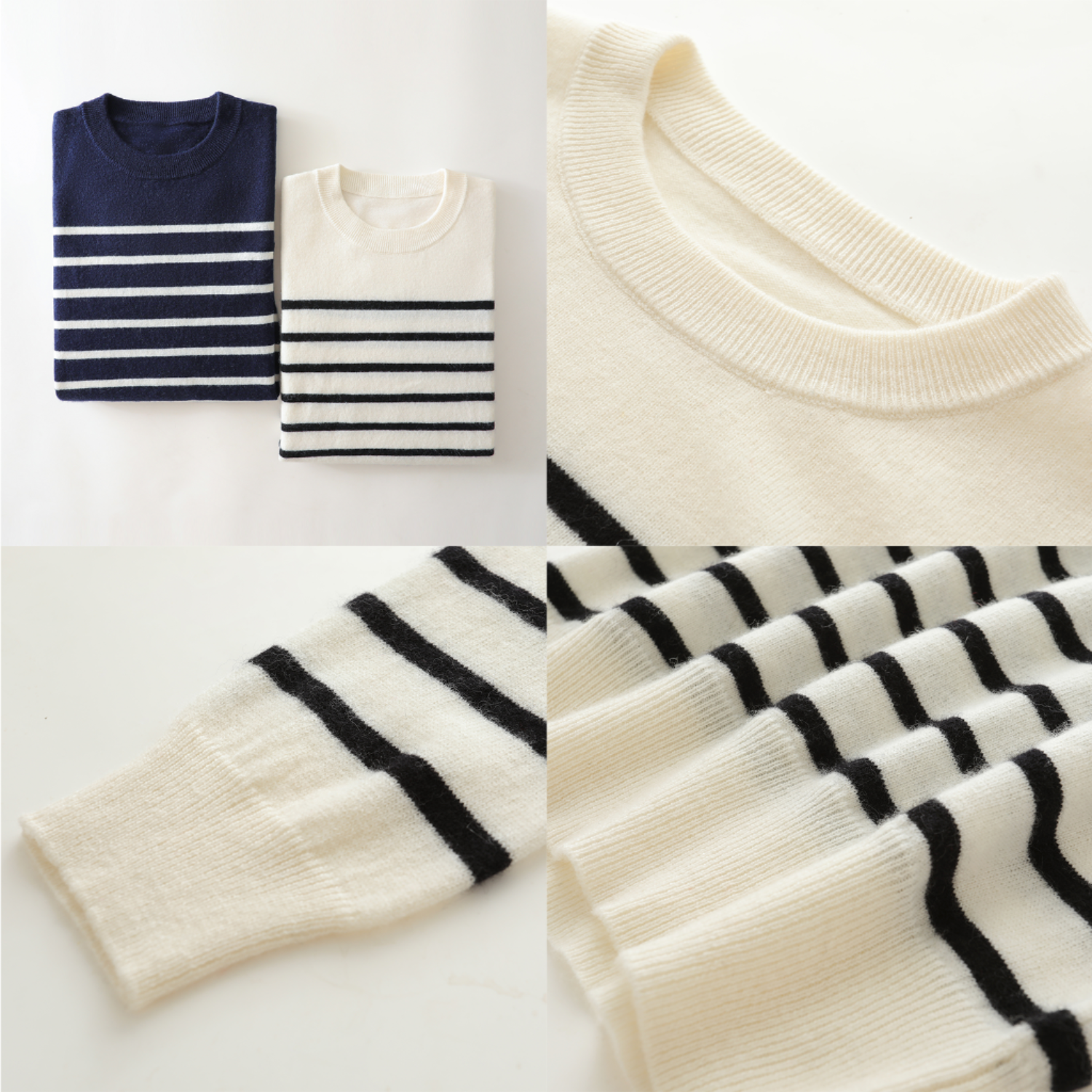 Pull Col Rond Rayé en Cachemire